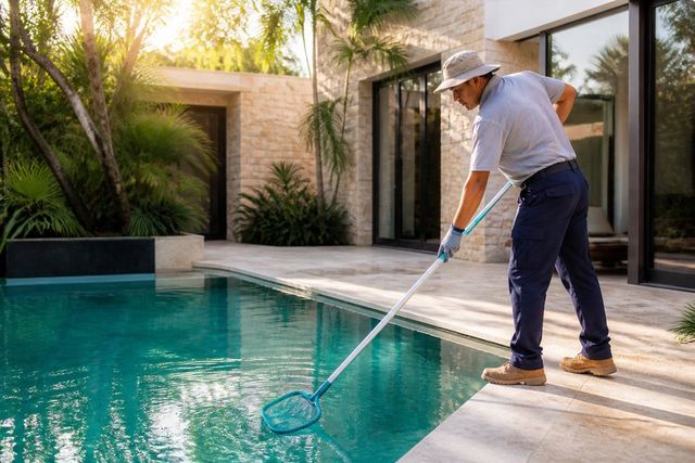 Pool technician skimming a residential pool with a net